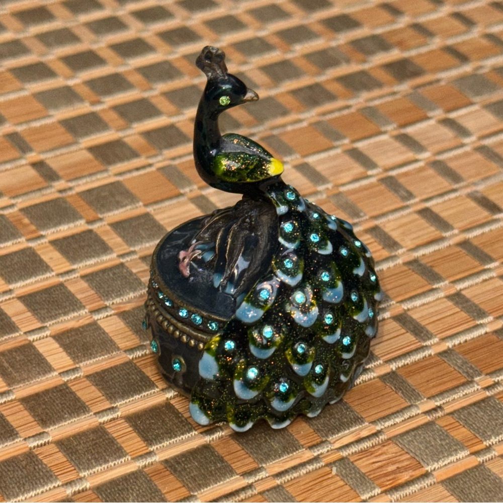 Crystal Bejeweled Blue And Green Peacock Trinket Pill Jewelry Box
